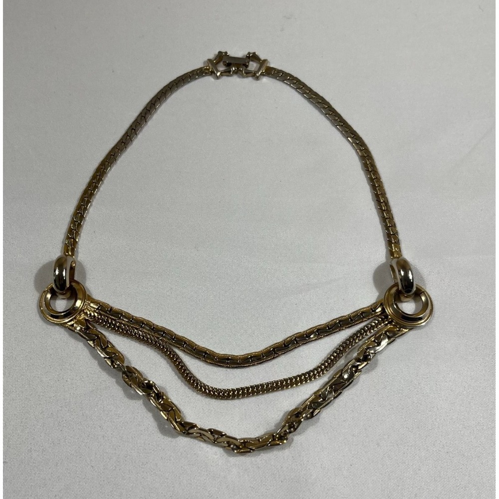 Vintage Gold Tone Multi Strand Bib Necklace Mixed Chain 80s Glam Statement 16in
